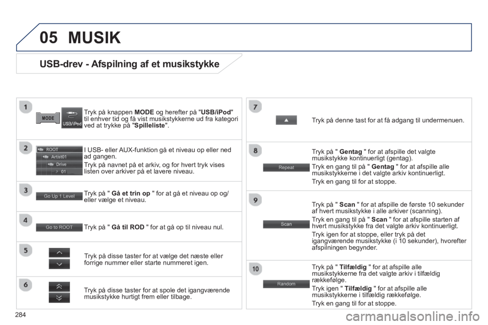 PEUGEOT 4008 2014 Brugsanvisning (in Danish) 284
05
USB-drev - Afspilning af et musikstykke
Tryk på knappen MODE og herefter på "USB/iPod"
til enhver tid og få vist musikstykkerne ud fra kateg PEUGEOT 4008 2014 Brugsanvisning (in Danish) 284
05
USB-drev - Afspilning af et musikstykke
Tryk på knappen MODE og herefter på "USB/iPod"
til enhver tid og få vist musikstykkerne ud fra kateg
