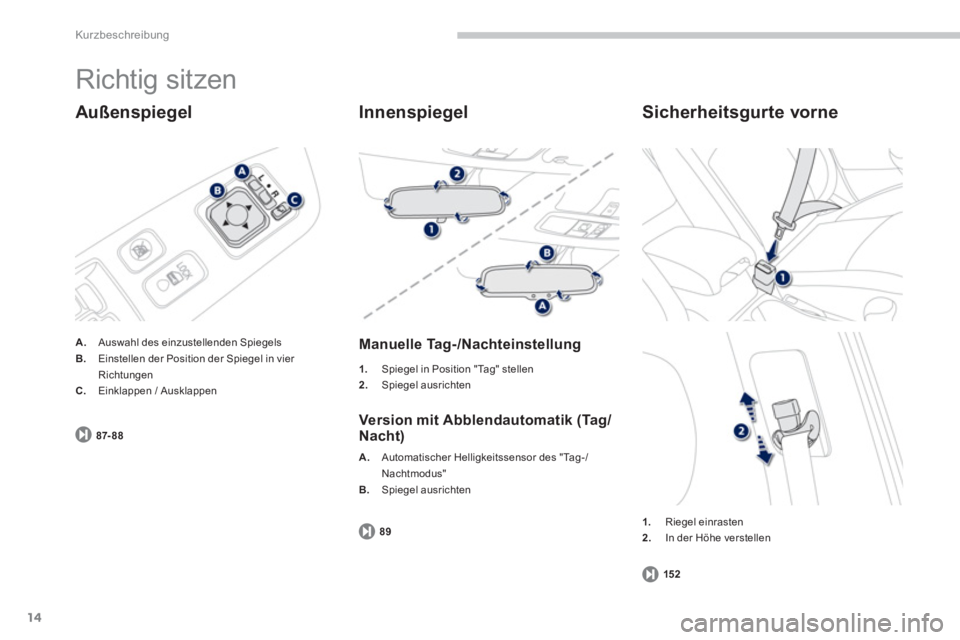 PEUGEOT 4008 2014 Betriebsanleitungen (in German) 14
Kurzbeschreibung
Richtig sitzen
Außenspiegel
A.
Auswahl des einzustellenden Spiegels
B.
Einstellen der Position der Spiegel in vier
Richtungen
C.
Einklappen / Aus PEUGEOT 4008 2014 Betriebsanleitungen (in German) 14
Kurzbeschreibung
Richtig sitzen
Außenspiegel
A.
Auswahl des einzustellenden Spiegels
B.
Einstellen der Position der Spiegel in vier
Richtungen
C.
Einklappen / Aus