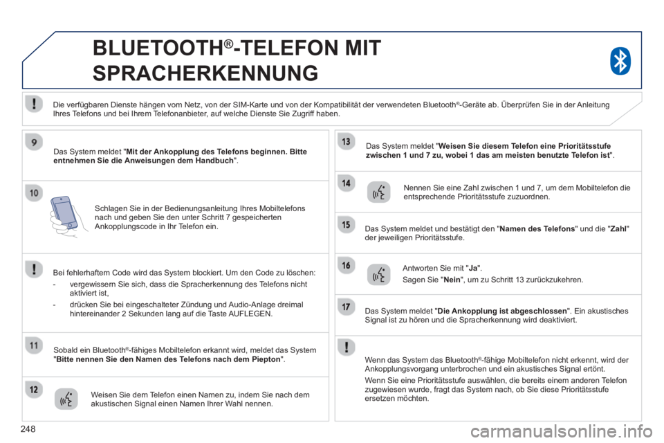 PEUGEOT 4008 2014  Betriebsanleitungen (in German) 248
   
Schlagen Sie in der Bedienungsanleitung Ihres Mobiltelefons 
nach und geben Sie den unter Schritt 7 gespeicherten 
Ankopplungscode in Ihr Telefon ein.  
 
 
 
 
 
BLUETOOTH ® 
-TELEFON MIT 
S