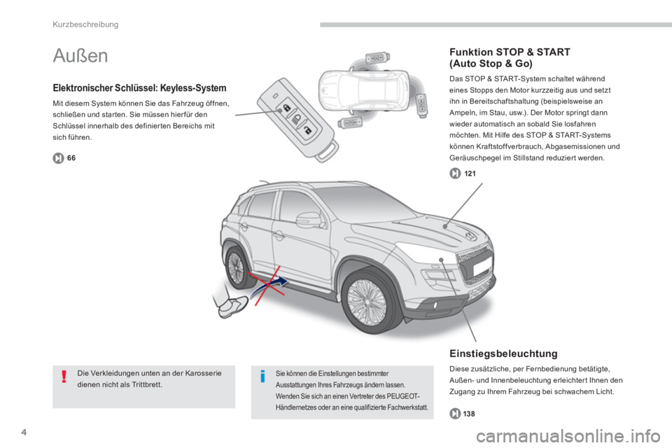 PEUGEOT 4008 2014  Betriebsanleitungen (in German) 4
Kurzbeschreibung
   
Elektronischer Schlüssel: Keyless-System 
 
Mit diesem System können Sie das Fahrzeug öf fnen, 
schließen und star ten. Sie müssen hier für den 
Schlüssel innerhalb des d