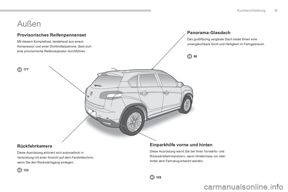 PEUGEOT 4008 2014  Betriebsanleitungen (in German) .
5
Kurzbeschreibung
   
Provisorisches Reifenpannenset 
 
Mit diesem Komplettset, bestehend aus einem 
Kompressor und einer Dichtmittelpatrone, lässt sich 
eine provisorische Reifenreparatur durchf�