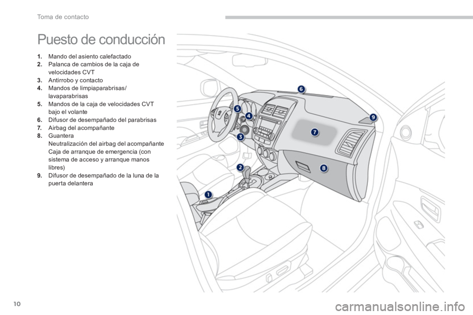 PEUGEOT 4008 2014 Manual del propietario (in Spanish) 10
To m a d e c o n t a c t o
Puesto de conducción
1.
Mando del asiento calefactado
2.
Palanca de cambios de la caja de
velocidades CVT
3.
Antirrobo y contacto
4 PEUGEOT 4008 2014 Manual del propietario (in Spanish) 10
To m a d e c o n t a c t o
Puesto de conducción
1.
Mando del asiento calefactado
2.
Palanca de cambios de la caja de
velocidades CVT
3.
Antirrobo y contacto
4