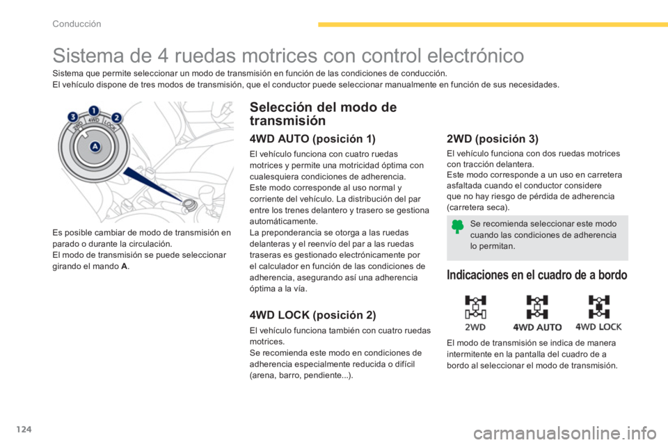 PEUGEOT 4008 2014  Manual del propietario (in Spanish) 124
Conducción
   
 
 
 
 
Sistema de 4 ruedas motrices con control electrónico 
 
Sistema que permite seleccionar un modo de transmisión en función de las condiciones de conducción. 
  El vehíc