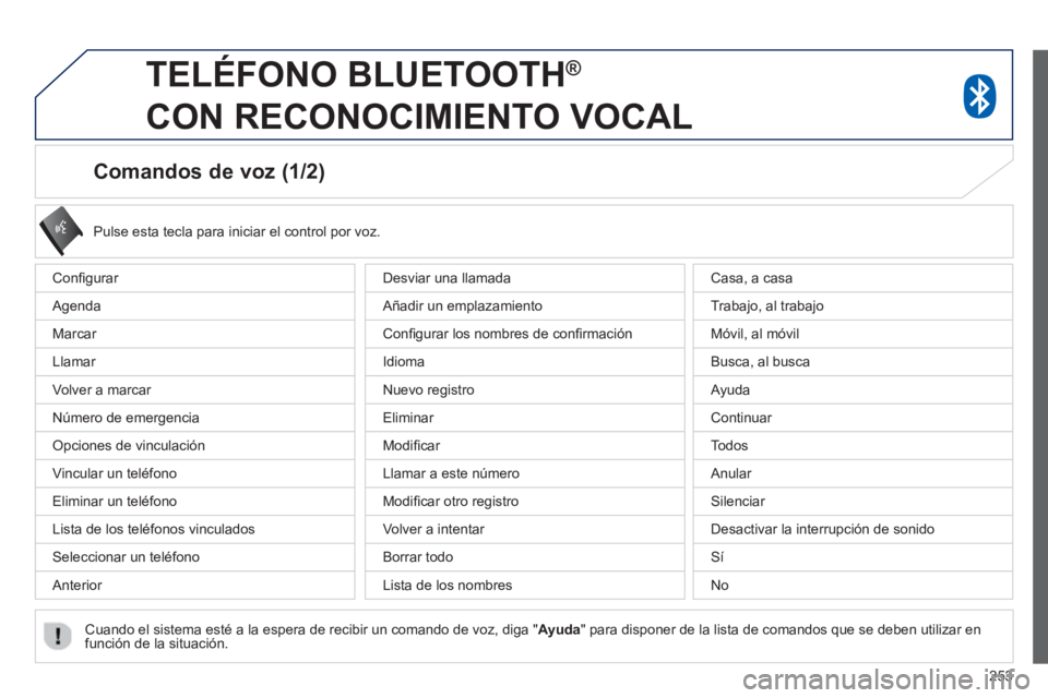 PEUGEOT 4008 2014  Manual del propietario (in Spanish) 253
   
 
 
 
 
 
 
 
 
Comandos de voz (1/2) 
 
Conﬁ gurar 
  Agenda 
  Marcar 
  Llamar 
  Volver a marcar 
  Número de emergencia 
  Opciones de vinculación 
  Vincular un teléfono 
  Eliminar