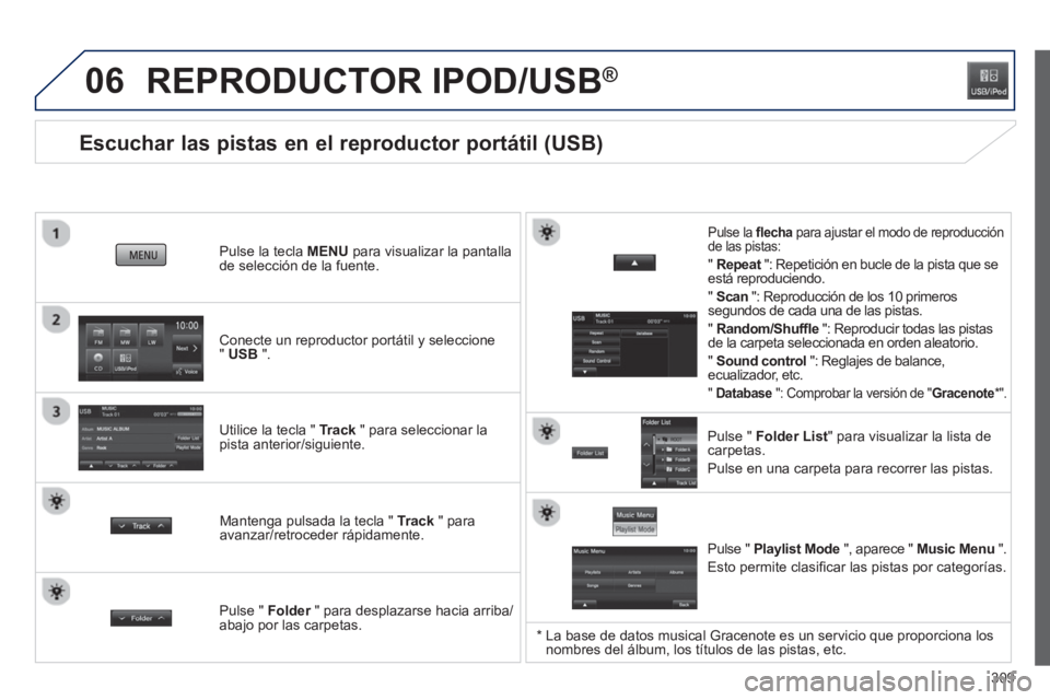 PEUGEOT 4008 2014  Manual del propietario (in Spanish) 309
06
   
 
 
 
 
 
 
 
 
Escuchar las pistas en el reproductor portátil (USB) 
 
 
Conecte un reproductor portátil y seleccione 
"  USB 
 ".      
Pulse la tecla  MENU 
 para visualizar la pantall