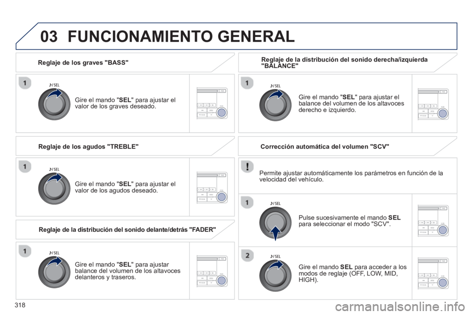 PEUGEOT 4008 2014  Manual del propietario (in Spanish) 318
03
   
Reglaje de los graves "BASS"  
   
Gire el mando " SEL 
" para ajustar el 
valor de los graves deseado.  
 
FUNCIONAMIENTO GENERAL 
 
 
Gire el mando " SEL 
" para ajustar el 
valor de los 