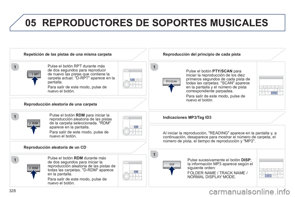 PEUGEOT 4008 2014 Manual del propietario (in Spanish) 328
05 REPRODUCTORES DE SOPORTES MUSICALES
Repetición de las pistas de una misma carpeta
Pulse el botón RPT durante más
de dos segundos para reproducir
de nuevo las pistas que contien PEUGEOT 4008 2014 Manual del propietario (in Spanish) 328
05 REPRODUCTORES DE SOPORTES MUSICALES
Repetición de las pistas de una misma carpeta
Pulse el botón RPT durante más
de dos segundos para reproducir
de nuevo las pistas que contien