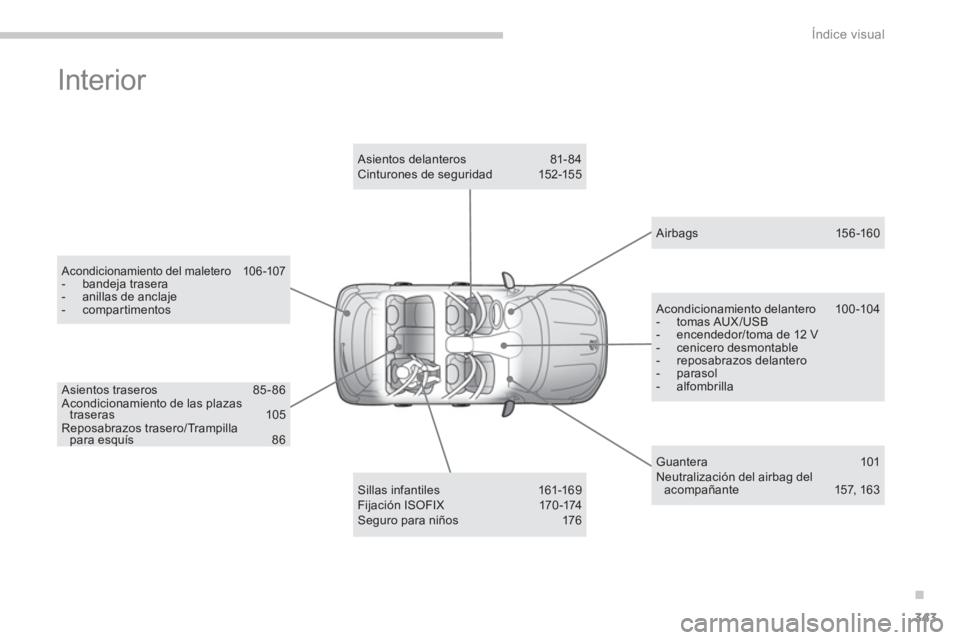 PEUGEOT 4008 2014 Manual del propietario (in Spanish) .
343
Índice visual
Interior
Acondicionamiento del maletero 106-107
- bandeja trasera
- anillas de anclaje
- compartimentos
Sillas infantiles 161-169
Fi j a c PEUGEOT 4008 2014 Manual del propietario (in Spanish) .
343
Índice visual
Interior
Acondicionamiento del maletero 106-107
- bandeja trasera
- anillas de anclaje
- compartimentos
Sillas infantiles 161-169
Fi j a c