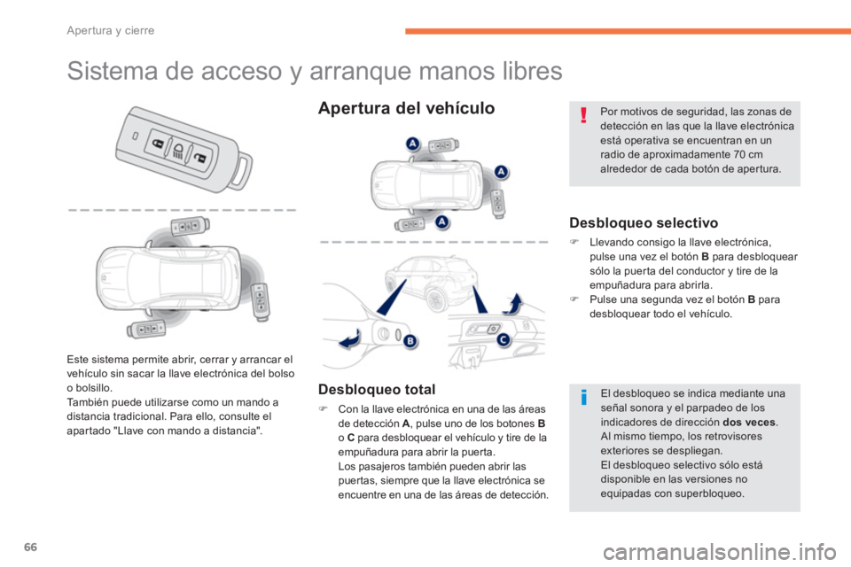 PEUGEOT 4008 2014  Manual del propietario (in Spanish) 66
Apertura y cierre
   
 
 
 
 
 
 
 
 
 
 
 
 
 
 
 
 
 
 
 
 
 
 
Sistema de acceso y arranque manos libres 
 
 
Desbloqueo selectivo 
 
 
 
�) 
  Llevando consigo la llave electrónica, 
pulse una