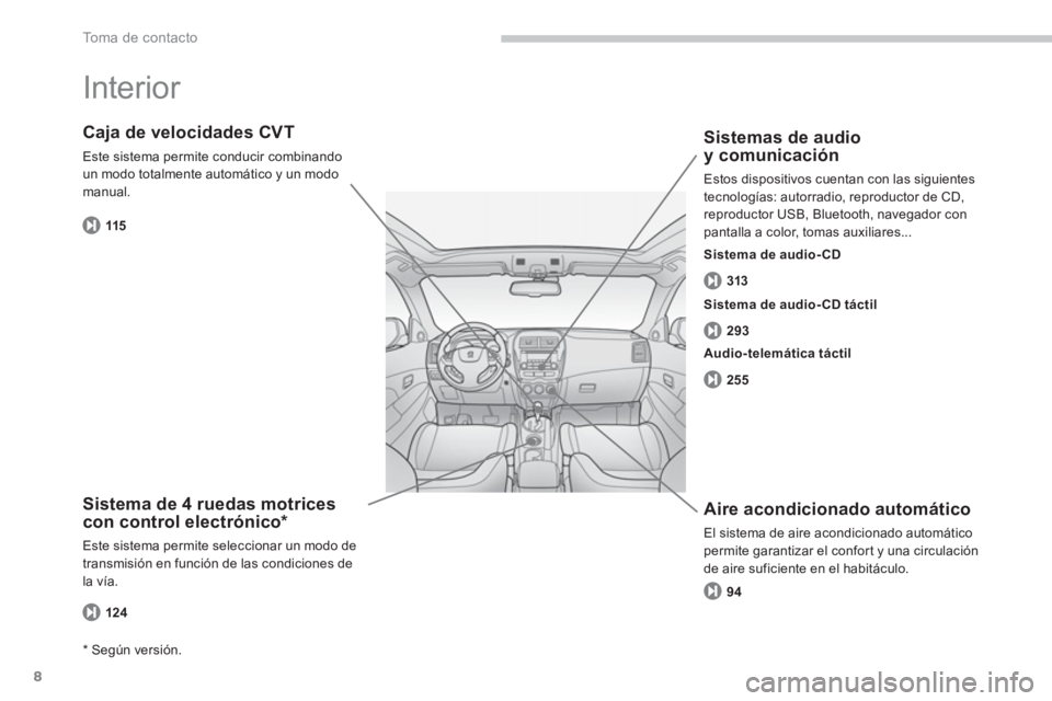 PEUGEOT 4008 2014  Manual del propietario (in Spanish) 8
To m a  d e  c o n t a c t o
  Interior  
 
 
Sistema de 4 ruedas motrices 
con control electrónico *  
 
Este sistema permite seleccionar un modo de 
transmisión en función de las condiciones de