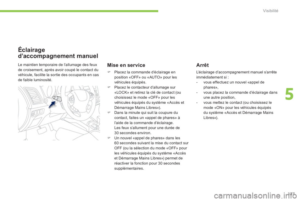 PEUGEOT 4008 2014  Manuel du propriétaire (in French) 137
5
Visibilité
   
Arrêt 
 
L’éclairage d’accompagnement manuel s’arrête
immédiatement si : 
   
 
-  vous effectuez un nouvel «appel dephares», 
   
-   vous placez la commande d’éc
