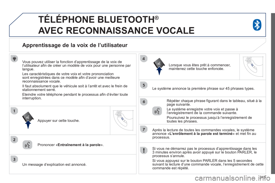PEUGEOT 4008 2014 Manuel du propriétaire (in French) 245
TÉLÉPHONE BLUETOOTH ®
AVEC RECONNAISSANCE VOCALE
Apprentissage de la voix de l’utilisateur
Vous pouvez utiliser la fonction d’apprentissage de la voix de l’utilisateur a PEUGEOT 4008 2014 Manuel du propriétaire (in French) 245
TÉLÉPHONE BLUETOOTH ®
AVEC RECONNAISSANCE VOCALE
Apprentissage de la voix de l’utilisateur
Vous pouvez utiliser la fonction d’apprentissage de la voix de l’utilisateur a