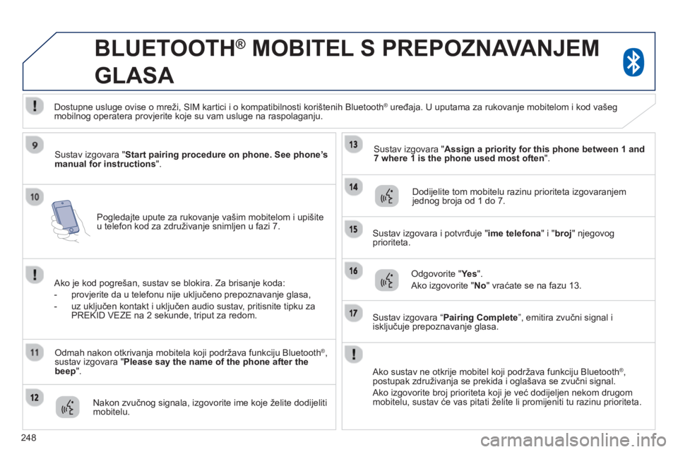 PEUGEOT 4008 2014  Upute Za Rukovanje (in Croatian) 248
   
Pogledajte upute za rukovanje vašim mobitelom i upišite 
u telefon kod za združivanje snimljen u fazi 7.  
 
 
 
 
 
BLUETOOTH ® 
 MOBITEL S PREPOZNAVANJEM 
GLASA 
   
Sustav izgovara " St