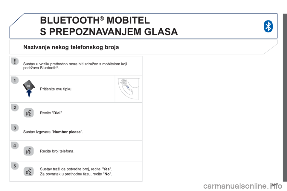 PEUGEOT 4008 2014  Upute Za Rukovanje (in Croatian) 249
   
 
 
 
BLUETOOTH ® 
 MOBITEL 
S PREPOZNAVANJEM GLASA 
   
Recite " Dial 
".  
   
Sustav izgovara " Number please 
".  
 
 
 
 
 
 
 
 
 
 
 
 
 
Nazivanje nekog telefonskog broja 
 
 
Recite 