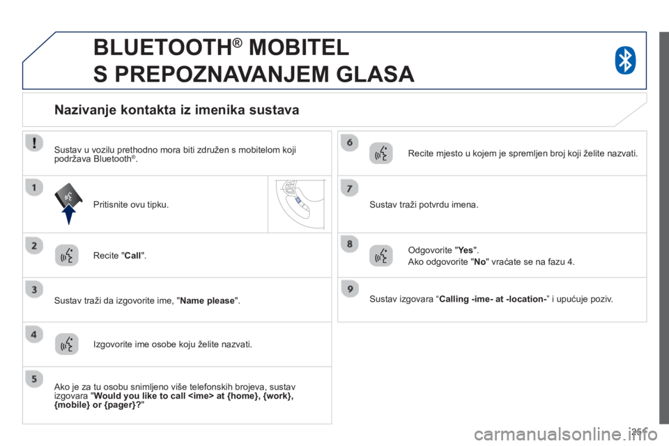 PEUGEOT 4008 2014  Upute Za Rukovanje (in Croatian) 251
   
 
 
 
BLUETOOTH ® 
 MOBITEL 
S PREPOZNAVANJEM GLASA 
   
Recite " Call 
".  
   
Sustav traži da izgovorite ime, " Name please 
".  
 
 
 
 
 
 
 
 
 
 
Nazivanje kontakta iz imenika sustava