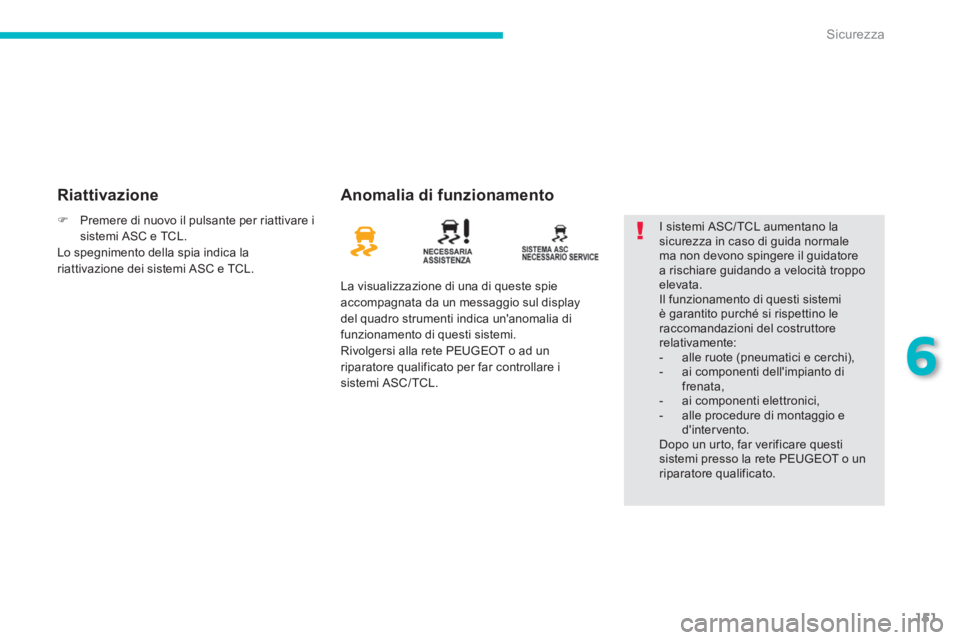 PEUGEOT 4008 2014 Manuale duso (in Italian) 151
6
Sicurezza
Riattivazione
Anomalia di funzionamento
La visualizzazione di una di queste spie
accompagnata da un messaggio sul display
del quadro strumenti indica unanomalia di
funzio PEUGEOT 4008 2014 Manuale duso (in Italian) 151
6
Sicurezza
Riattivazione
Anomalia di funzionamento
La visualizzazione di una di queste spie
accompagnata da un messaggio sul display
del quadro strumenti indica unanomalia di
funzio