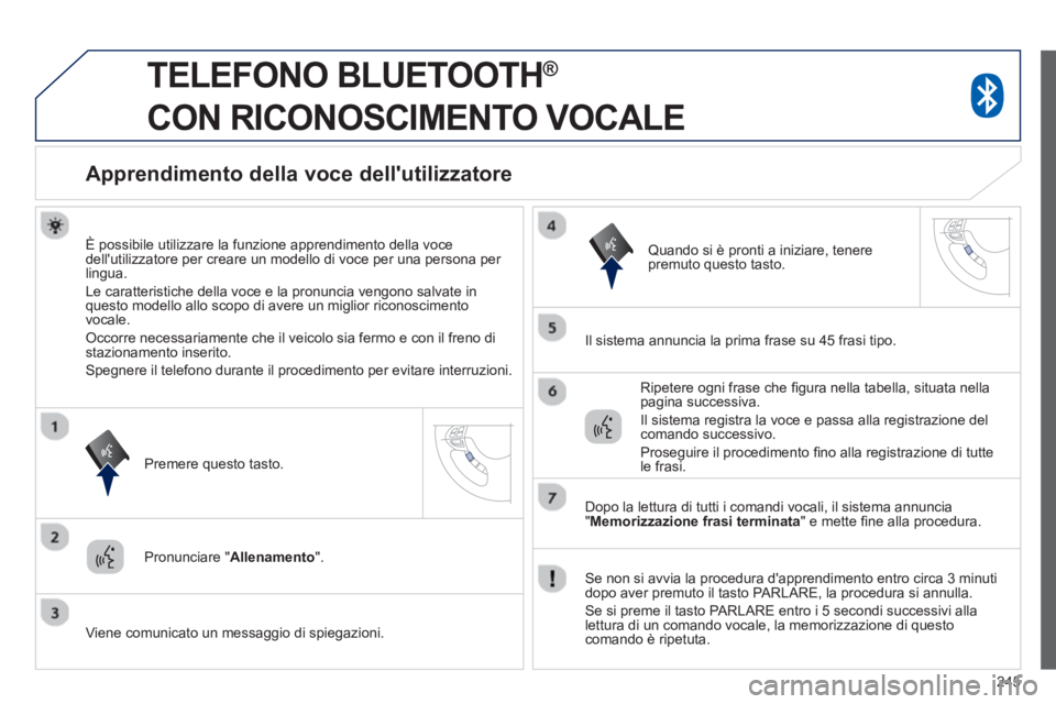 PEUGEOT 4008 2014  Manuale duso (in Italian) 245
   
 
 
 
TELEFONO BLUETOOTH ®   
CON RICONOSCIMENTO VOCALE 
   
 
 
 
 
 
 
 
Apprendimento della voce dellutilizzatore 
 
 
È possibile utilizzare la funzione apprendimento della voce 
dellu PEUGEOT 4008 2014  Manuale duso (in Italian) 245
   
 
 
 
TELEFONO BLUETOOTH ®   
CON RICONOSCIMENTO VOCALE 
   
 
 
 
 
 
 
 
Apprendimento della voce dellutilizzatore 
 
 
È possibile utilizzare la funzione apprendimento della voce 
dellu