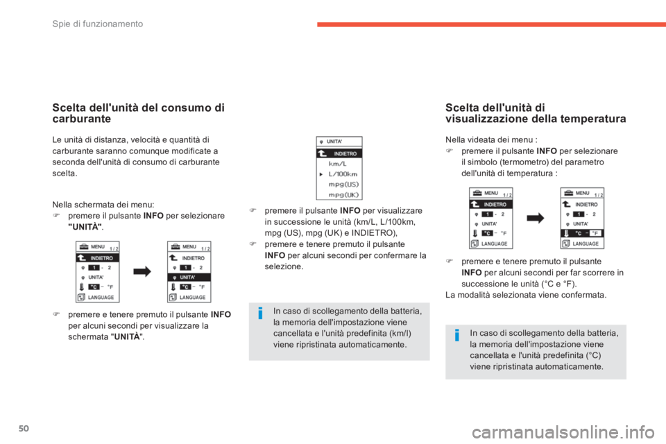 PEUGEOT 4008 2014  Manuale duso (in Italian) 50
Spie di funzionamento
   
In caso di scollegamento della batteria, 
la memoria dellimpostazione viene 
cancellata e lunità predefinita (km/l) 
viene ripristinata automaticamente.  
    
 
 
 
In