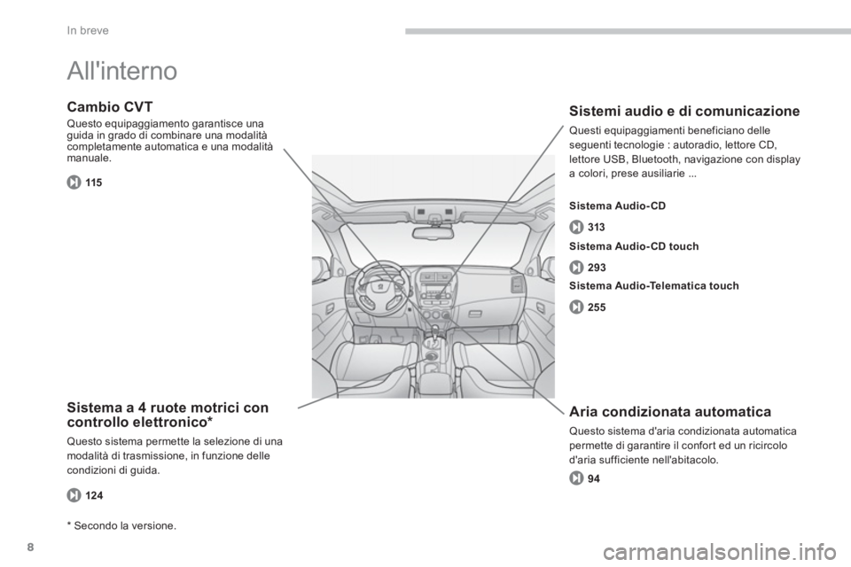 PEUGEOT 4008 2014  Manuale duso (in Italian) 8
In breve
  Allinterno  
 
 
Sistema a 4 ruote motrici con 
controllo elettronico *  
 
Questo sistema permette la selezione di una 
modalità di trasmissione, in funzione delle 
condizioni di guida