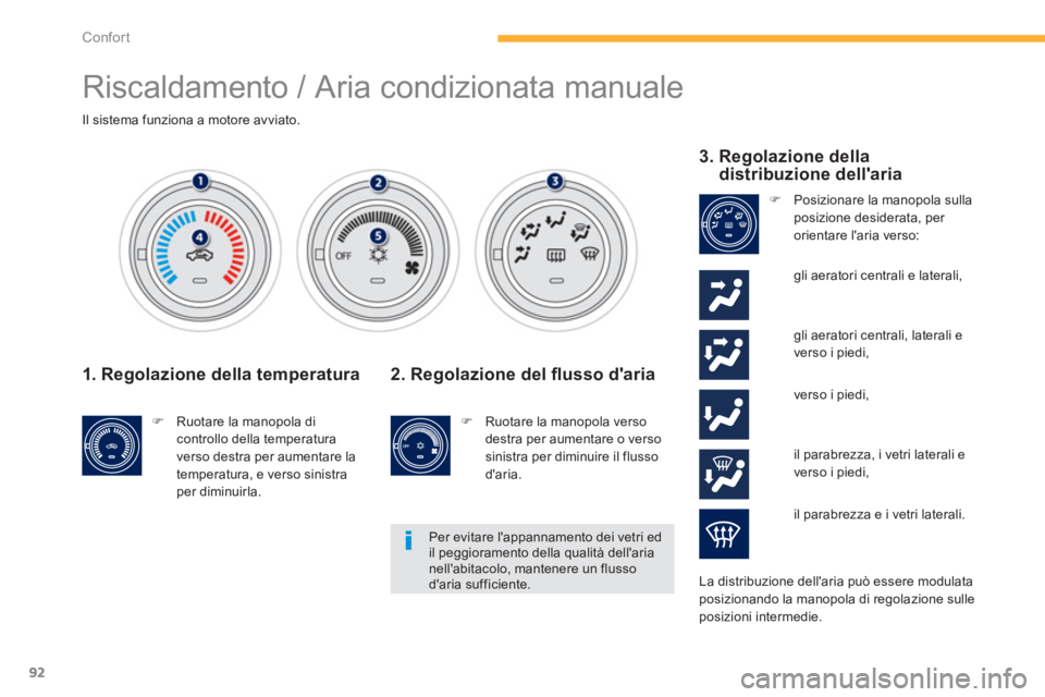 PEUGEOT 4008 2014  Manuale duso (in Italian) 92
Confort
  Riscaldamento / Aria condizionata manuale 
 
 
 
 
 
 
 
 
 
 
 
 
Il sistema funziona a motore avviato.  
 
 
 
1. Regolazione della temperatura 
 
 
 
�) 
  Ruotare la manopola di 
cont
