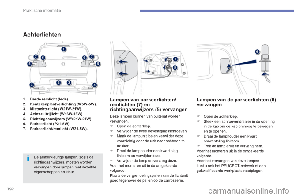 PEUGEOT 4008 2014  Instructieboekje (in Dutch) 192
Praktische informatie
   
 
1. 
  Derde remlicht (leds). 
 
   
2. 
  Kentekenplaatverlichting (W5W-5W). 
 
   
3. 
  Mistachterlicht (W21W-21W) 
 
. 
 
   
4. 
  Achteruitrijlicht ( W16W-16W ). 
