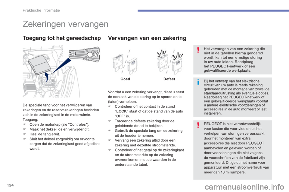 PEUGEOT 4008 2014  Instructieboekje (in Dutch) 194
Praktische informatie
   
 
 
 
 
 
 
 
 
 
 
 
 
 
 
 
 
 
 
Zekeringen vervangen 
 
De speciale tang voor het ver wijderen van 
zekeringen en de reservezekeringen bevinden 
zich in de zekeringka