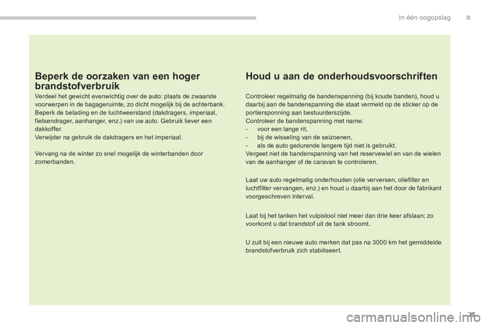 PEUGEOT 4008 2014 Instructieboekje (in Dutch) 23
.In één oogopslag
Beperk de oorzaken van een hoger
brandstofverbruik
Verdeel het gewicht evenwichtig over de auto: plaats de zwaarste
voor werpen in de bagageruimte, zo dicht mogelijk PEUGEOT 4008 2014 Instructieboekje (in Dutch) 23
.In één oogopslag
Beperk de oorzaken van een hoger
brandstofverbruik
Verdeel het gewicht evenwichtig over de auto: plaats de zwaarste
voor werpen in de bagageruimte, zo dicht mogelijk