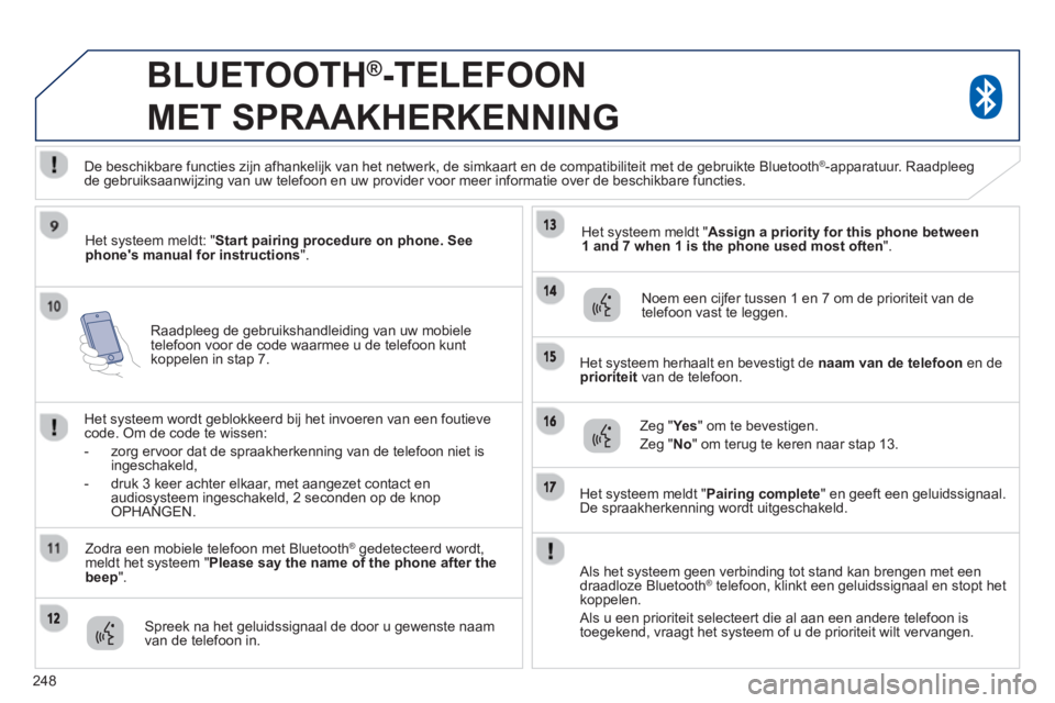 PEUGEOT 4008 2014  Instructieboekje (in Dutch) 248
   
Raadpleeg de gebruikshandleiding van uw mobiele 
telefoon voor de code waarmee u de telefoon kunt 
koppelen in stap 7.  
 
 
 
 
 
BLUETOOTH®-TELEFOON 
MET SPRAAKHERKENNING 
   
Het systeem m