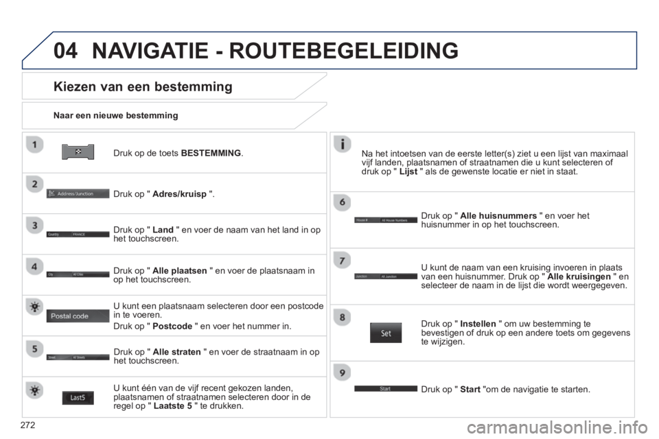 PEUGEOT 4008 2014  Instructieboekje (in Dutch) 272
04
   
Druk op de toets  BESTEMMING 
.      
Naar een nieuwe bestemming  
 
 
Kiezen van een bestemming 
 
 
Druk op "  Adres/kruisp 
 ".  
   
Druk op "  Land 
 " en voer de naam van het land in 