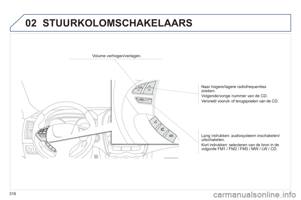PEUGEOT 4008 2014  Instructieboekje (in Dutch) 316
02  STUURKOLOMSCHAKELAARS 
 
 
 
 
 
 
 
 
Volume verhogen/verlagen.  
   
Naar hogere/lagere radiofrequenties 
zoeken. 
  Volgende/vorige nummer van de CD. 
  Versneld vooruit- of terugspoelen va