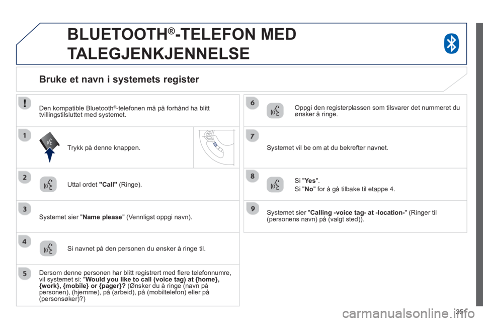 PEUGEOT 4008 2014  Instruksjoner for bruk (in Norwegian) 251
   
 
 
 
BLUETOOTH ® 
-TELEFON MED 
TALEGJENKJENNELSE 
   
Uttal ordet  "Call" 
 (Ringe).  
   
Systemet sier " Name please 
" (Vennligst oppgi navn).  
 
 
 
 
 
 
 
 
 
 
Bruke et navn i syste