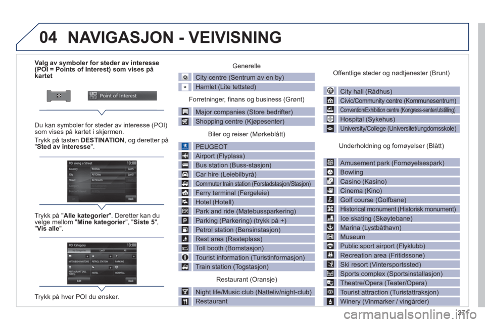 PEUGEOT 4008 2014  Instruksjoner for bruk (in Norwegian) 271
04
   
 
 
 
 
 
 
 
 
 
 
 
 
 
 
 
 
 
 
 
 
 
Valg av symboler for steder av interesse 
(POI = Points of Interest) som vises på 
kartet  
   
Du kan symboler for steder av interesse (POI) 
som