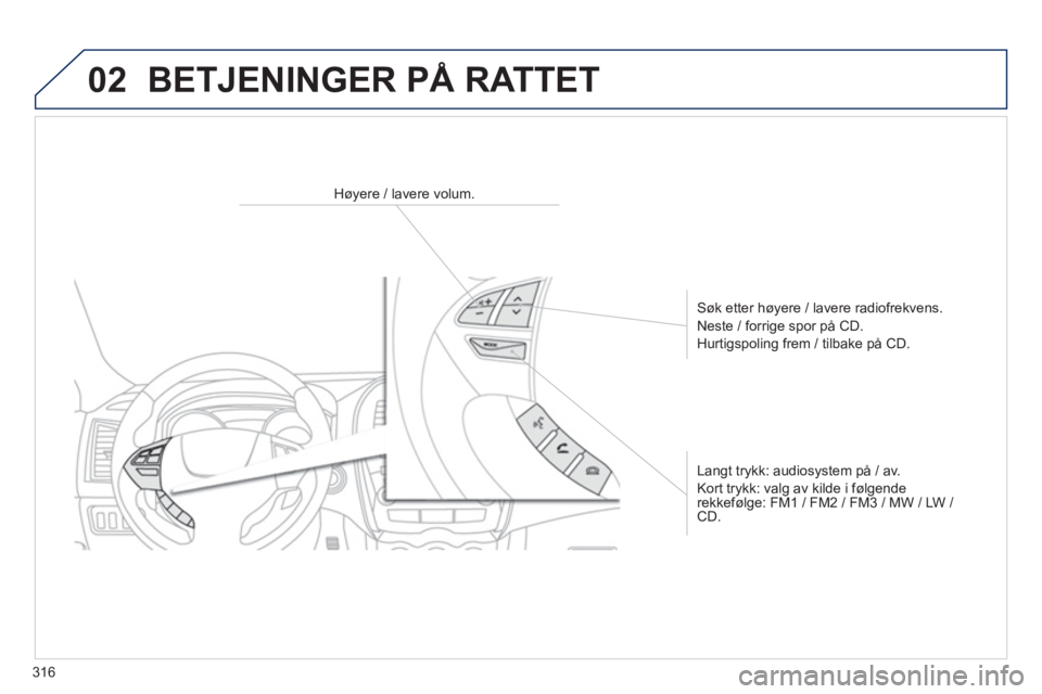 PEUGEOT 4008 2014  Instruksjoner for bruk (in Norwegian) 316
02  BETJENINGER PÅ RATTET 
 
 
 
 
 
 
 
 
Høyere / lavere volum.  
   
Søk etter høyere / lavere radiofrekvens. 
  Neste / forrige spor på CD. 
  Hurtigspoling frem / tilbake på CD.  
   
L