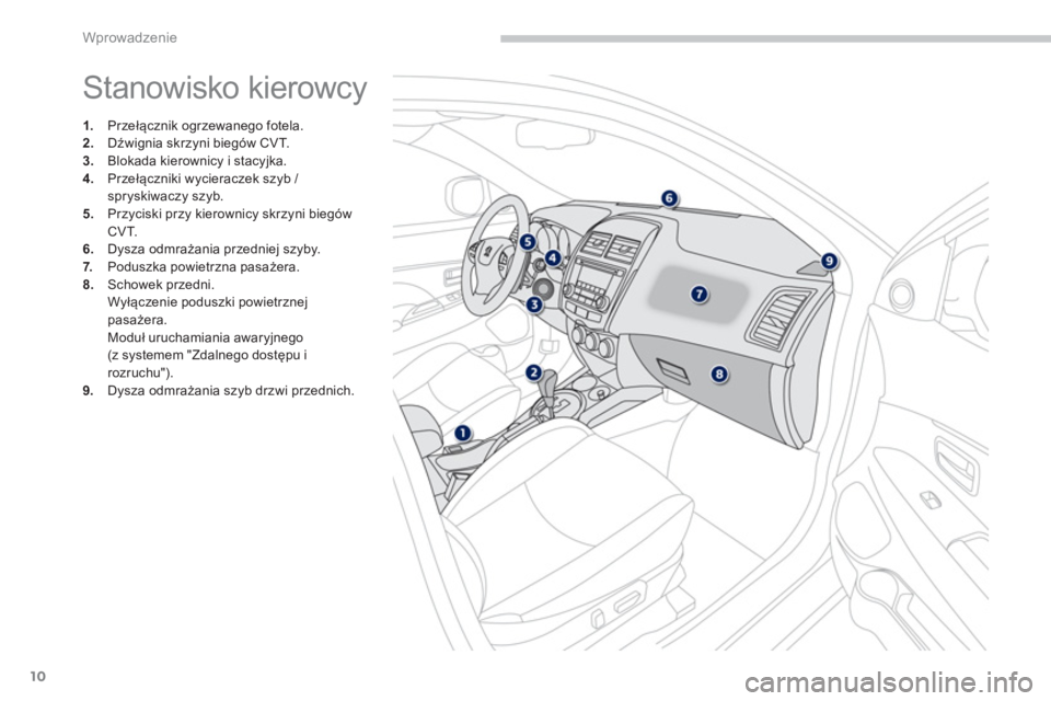 PEUGEOT 4008 2014 Instrukcja obsługi (in Polish) 10
Wprowadzenie
Stanowisko kierowcy
1.
Przełącznik ogrzewanego fotela.
2.
Dźwignia skrzyni biegów CVT.
3.
Blokada kierownicy i stacyjka.
4.
Przełączniki wycier PEUGEOT 4008 2014 Instrukcja obsługi (in Polish) 10
Wprowadzenie
Stanowisko kierowcy
1.
Przełącznik ogrzewanego fotela.
2.
Dźwignia skrzyni biegów CVT.
3.
Blokada kierownicy i stacyjka.
4.
Przełączniki wycier