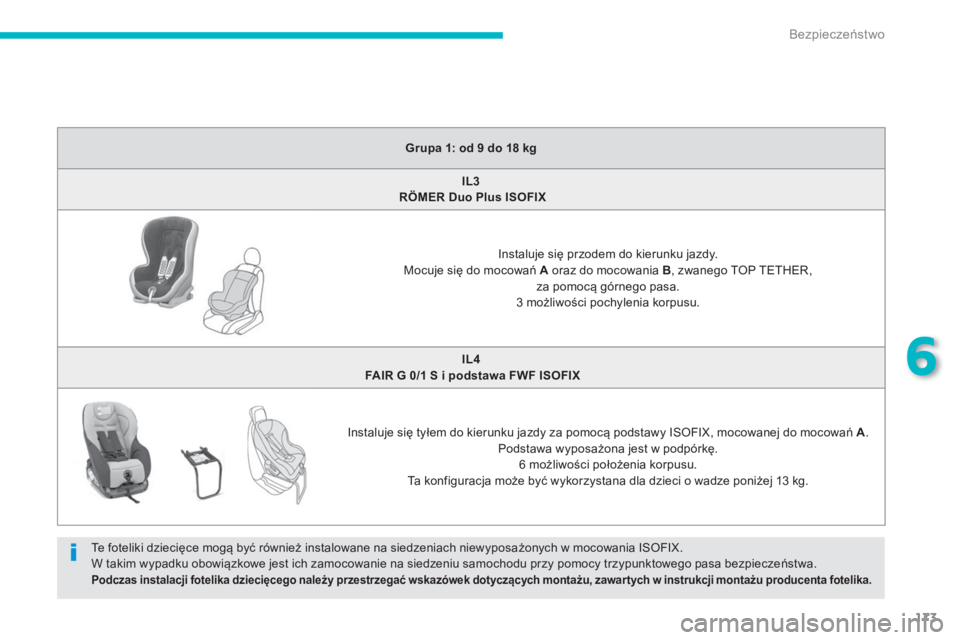 PEUGEOT 4008 2014 Instrukcja obsługi (in Polish) 173
6
Bezpieczeństwo
Grupa 1: od 9 do 18 kg
IL3
RÖMER Duo Plus ISOFIX
Instaluje się przodem do kierunku jazdy.
Mocuje się do mocowań A
oraz do mocowa PEUGEOT 4008 2014 Instrukcja obsługi (in Polish) 173
6
Bezpieczeństwo
Grupa 1: od 9 do 18 kg
IL3
RÖMER Duo Plus ISOFIX
Instaluje się przodem do kierunku jazdy.
Mocuje się do mocowań A
oraz do mocowa