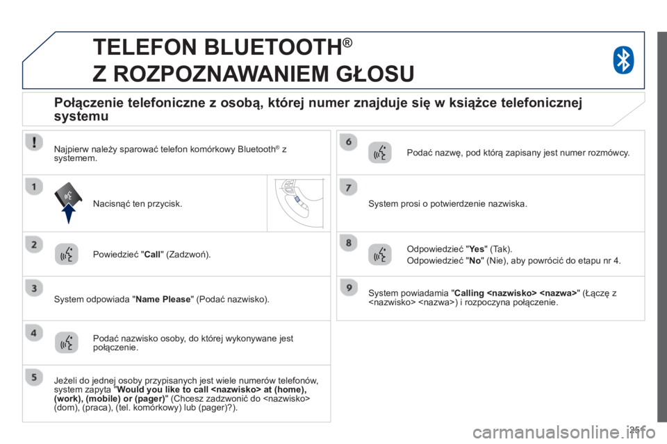 PEUGEOT 4008 2014  Instrukcja obsługi (in Polish) 251
   
 
 
 
TELEFON BLUETOOTH ® 
 
Z ROZPOZNAWANIEM GŁOSU 
 
 
Powiedzieć " Call 
" (Zadzwoń).  
   
System odpowiada " Name Please 
" (Podać nazwisko).  
 
 
 
 
 
 
 
 
 
 
Połączenie telef PEUGEOT 4008 2014  Instrukcja obsługi (in Polish) 251
   
 
 
 
TELEFON BLUETOOTH ® 
 
Z ROZPOZNAWANIEM GŁOSU 
 
 
Powiedzieć " Call 
" (Zadzwoń).  
   
System odpowiada " Name Please 
" (Podać nazwisko).  
 
 
 
 
 
 
 
 
 
 
Połączenie telef