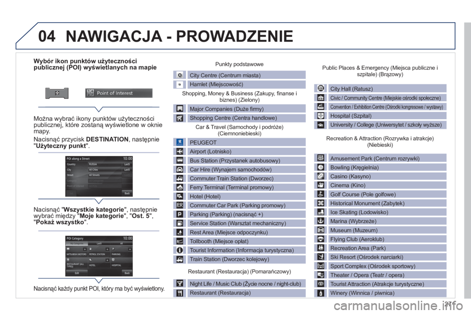 PEUGEOT 4008 2014  Instrukcja obsługi (in Polish) 271
04
   
 
 
 
 
 
 
 
 
 
 
 
 
 
 
 
 
 
 
 
 
Wybór ikon punktów użyteczności 
publicznej (POI) wyświetlanych na mapie  
   
Można wybrać ikony punktów użyteczności 
publicznej, które  PEUGEOT 4008 2014  Instrukcja obsługi (in Polish) 271
04
   
 
 
 
 
 
 
 
 
 
 
 
 
 
 
 
 
 
 
 
 
Wybór ikon punktów użyteczności 
publicznej (POI) wyświetlanych na mapie  
   
Można wybrać ikony punktów użyteczności 
publicznej, które