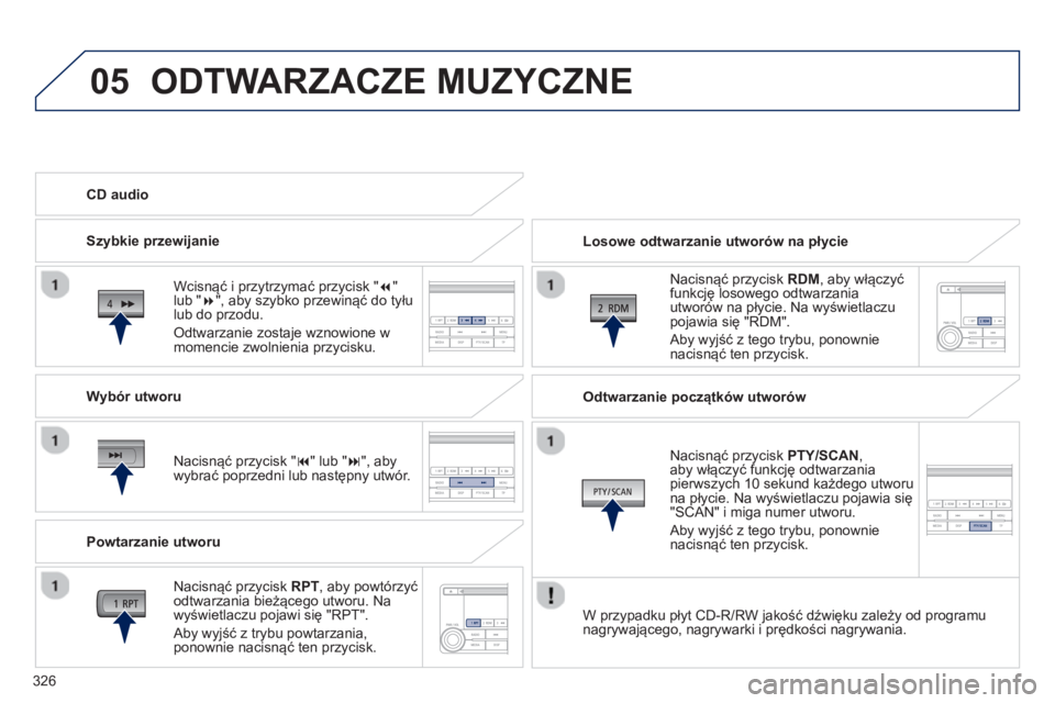 PEUGEOT 4008 2014  Instrukcja obsługi (in Polish) 326
05  ODTWARZACZE MUZYCZNE 
 
 
Losowe odtwarzanie utworów na płycie  
   
Nacisnąć przycisk  RDM 
, aby włączyć 
funkcję losowego odtwarzania 
utworów na płycie. Na wyświetlaczu 
pojawia