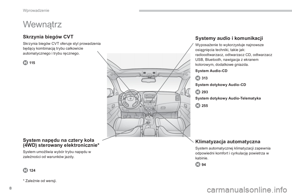 PEUGEOT 4008 2014 Instrukcja obsługi (in Polish) 8
Wprowadzenie
Wewnątrz
System napędu na cztery koła
(4WD) sterowany elektronicznie *
System umożliwia wybór trybu napędu w
zależności od warunków jazdy.
Skrzynia biegów PEUGEOT 4008 2014 Instrukcja obsługi (in Polish) 8
Wprowadzenie
Wewnątrz
System napędu na cztery koła
(4WD) sterowany elektronicznie *
System umożliwia wybór trybu napędu w
zależności od warunków jazdy.
Skrzynia biegów