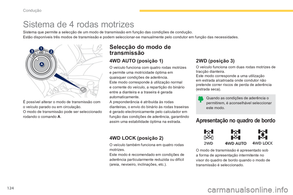 PEUGEOT 4008 2014  Manual de utilização (in Portuguese) 124
Condução
   
 
 
 
 
Sistema de 4 rodas motrizes 
 
Sistema que permite a selecção de um modo de transmissão em função das condições de condução. 
  Estão disponíveis três modos de t