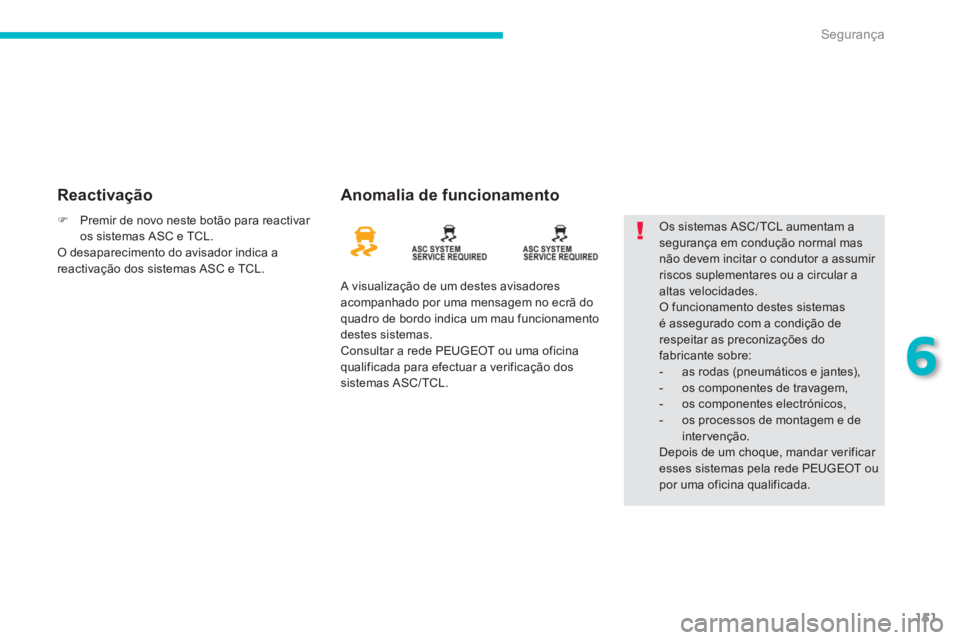 PEUGEOT 4008 2014  Manual de utilização (in Portuguese) 151
6
Segurança
   
Reactivação   
Anomalia de funcionamento 
 
A visualização de um destes avisadores 
acompanhado por uma mensagem no ecrã do 
quadro de bordo indica um mau funcionamento 
dest