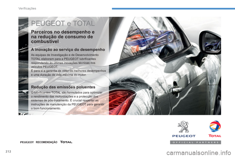 PEUGEOT 4008 2014  Manual de utilização (in Portuguese) 212
Ver if ic aç ões
  PEUGEOT e TOTAL 
 
 
Parceiros no desempenho e 
na redução de consumo de 
combustível 
   
A inovação ao serviço do desempenho 
 
As equipas de Investigação e de Desen