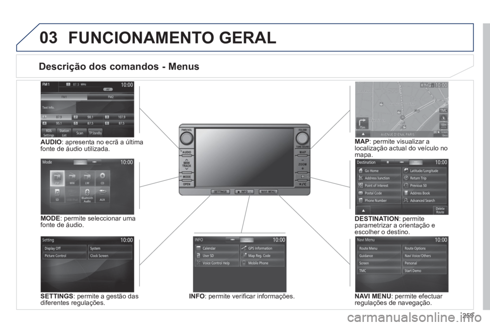 PEUGEOT 4008 2014  Manual de utilização (in Portuguese) 259
03
   
 
 
 
 
 
 
 
 
 
 
 
 
Descrição dos comandos - Menus 
 
 
 
SETTINGS 
: permite a gestão das 
diferentes regulações.     
 
DESTINATION 
: permite 
parametrizar a orientação e 
esc