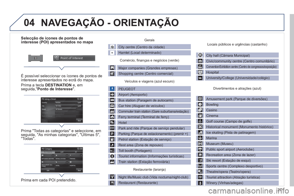 PEUGEOT 4008 2014  Manual de utilização (in Portuguese) 271
04
   
 
 
 
 
 
 
 
 
 
 
 
 
 
 
 
Selecção de ícones de pontos de 
interesse (POI) apresentados no mapa  
   
É possível seleccionar os ícones de pontos de 
interesse apresentados no ecr