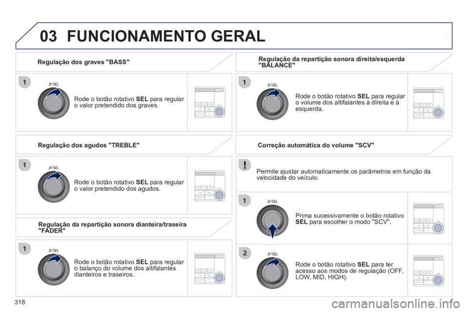 PEUGEOT 4008 2014 Manual de utilização (in Portuguese) 318
03
Regulação dos graves "BASS"
Rode o botão rotativo SEL
para regular
o valor pretendido dos graves.
FUNCIONAMENTO GERAL
Rode o botão rotativo SEL
para regular
o val PEUGEOT 4008 2014 Manual de utilização (in Portuguese) 318
03
Regulação dos graves "BASS"
Rode o botão rotativo SEL
para regular
o valor pretendido dos graves.
FUNCIONAMENTO GERAL
Rode o botão rotativo SEL
para regular
o val