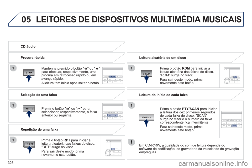 PEUGEOT 4008 2014 Manual de utilização (in Portuguese) 326
05 LEITORES DE DISPOSITIVOS MULTIMÉDIA MUSICAIS
Leitura aleatória de um disco
Prima o botão RDM para iniciar a
leitura aleatória das faixas do disco.
"RDM" surge no visor.
Par PEUGEOT 4008 2014 Manual de utilização (in Portuguese) 326
05 LEITORES DE DISPOSITIVOS MULTIMÉDIA MUSICAIS
Leitura aleatória de um disco
Prima o botão RDM para iniciar a
leitura aleatória das faixas do disco.
"RDM" surge no visor.
Par