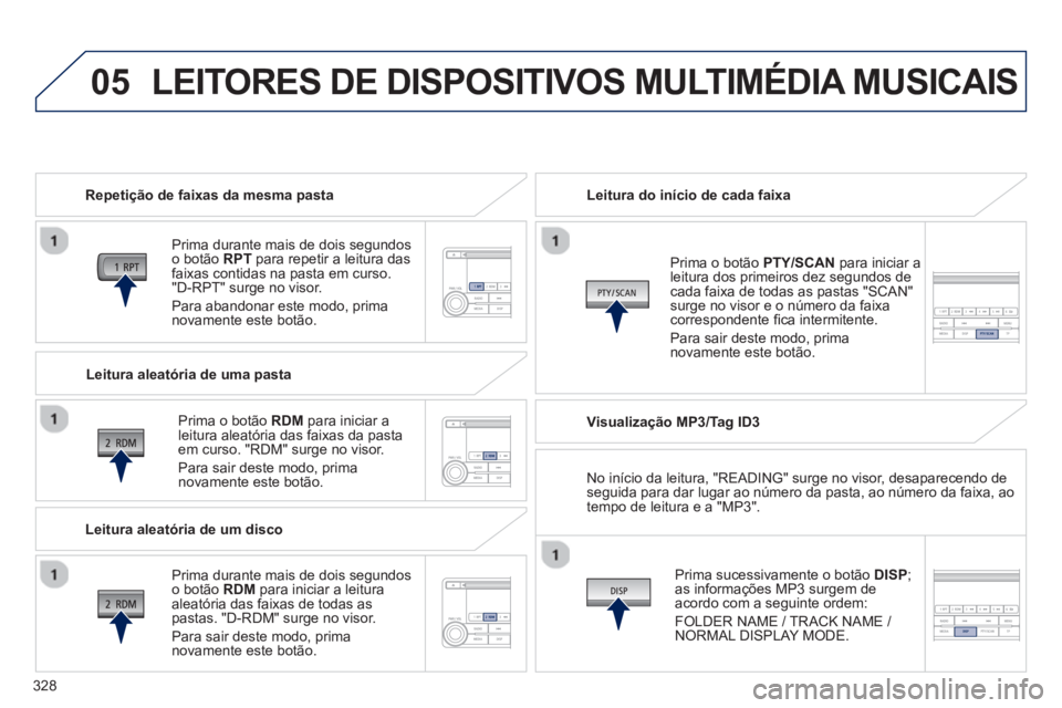 PEUGEOT 4008 2014 Manual de utilização (in Portuguese) 328
05 LEITORES DE DISPOSITIVOS MULTIMÉDIA MUSICAIS
Repetição de faixas da mesma pasta
Prima durante mais de dois segundos
o botão RPT para repetir a leitura das
faixas contidas na p PEUGEOT 4008 2014 Manual de utilização (in Portuguese) 328
05 LEITORES DE DISPOSITIVOS MULTIMÉDIA MUSICAIS
Repetição de faixas da mesma pasta
Prima durante mais de dois segundos
o botão RPT para repetir a leitura das
faixas contidas na p