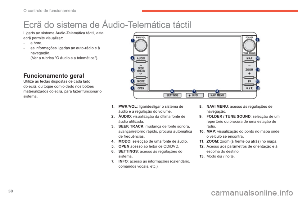 PEUGEOT 4008 2014  Manual de utilização (in Portuguese) 58
O controlo de funcionamento
   
 
 
 
 
 
 
 
 
 
 
Ecrã do sistema de Áudio-Telemática táctil 
 
 
Funcionamento geral  
Utilize as teclas dispostas de cada lado 
do ecrã, ou toque com o dedo