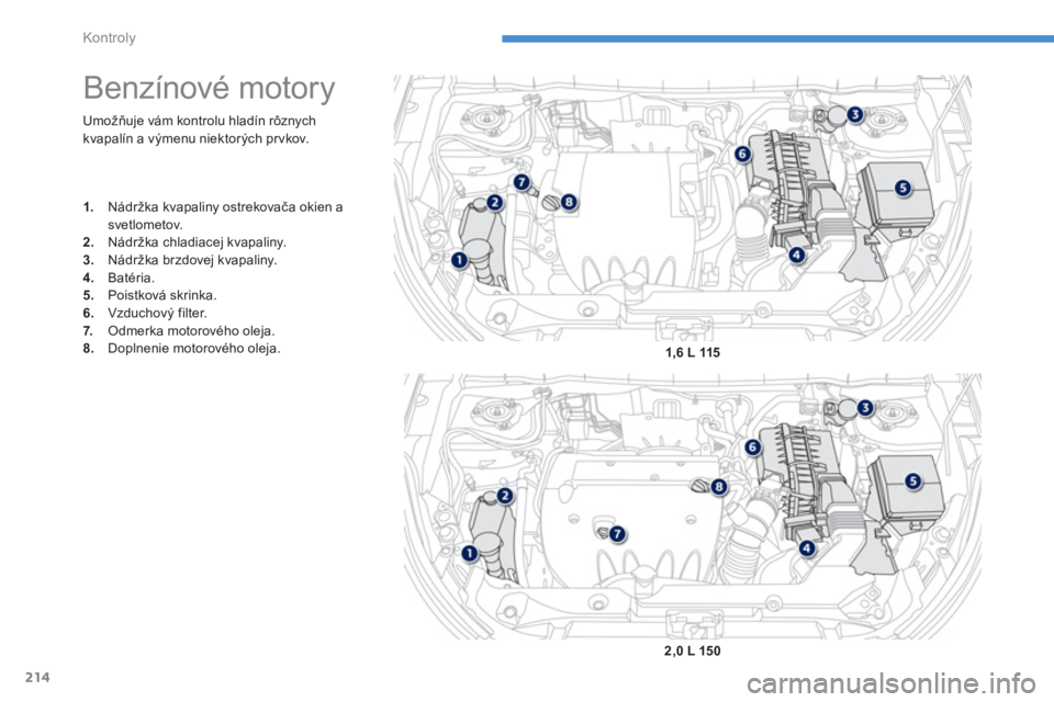 PEUGEOT 4008 2014  Návod na použitie (in Slovakian) 214
Kontroly
  Umožňuje vám kontrolu hladín rôznych 
kvapalín a výmenu niektor ých pr vkov. 
   
 
 
 
 
 
 
 
 
 
 
 
 
 
Benzínové motory 
 
 
 
1. 
  Nádržka kvapaliny ostrekovača okie