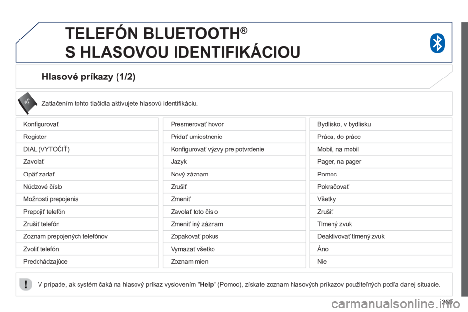 PEUGEOT 4008 2014 Návod na použitie (in Slovakian) 253
Hlasové príkazy (1/2)
Konfi gurovať
Register
DIAL (VYTOČIŤ)
Zavolať
Opäť zadať
Núdzové číslo
Možnosti prepojenia
Prepojiť telefón
Zr PEUGEOT 4008 2014 Návod na použitie (in Slovakian) 253
Hlasové príkazy (1/2)
Konfi gurovať
Register
DIAL (VYTOČIŤ)
Zavolať
Opäť zadať
Núdzové číslo
Možnosti prepojenia
Prepojiť telefón
Zr